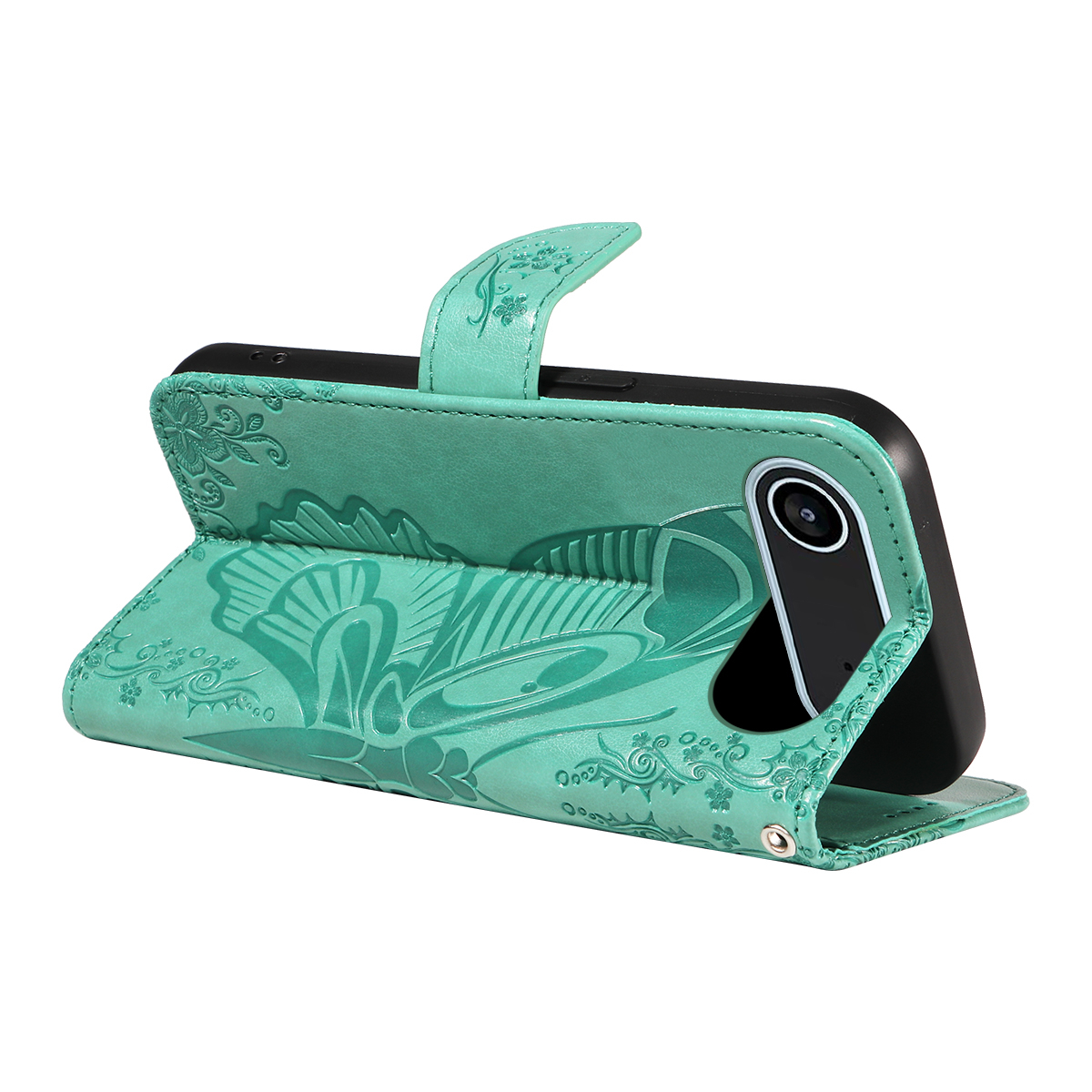iPhone Air Leder Tasche Flip Cover Schmetterlinge Imprint - Türkis