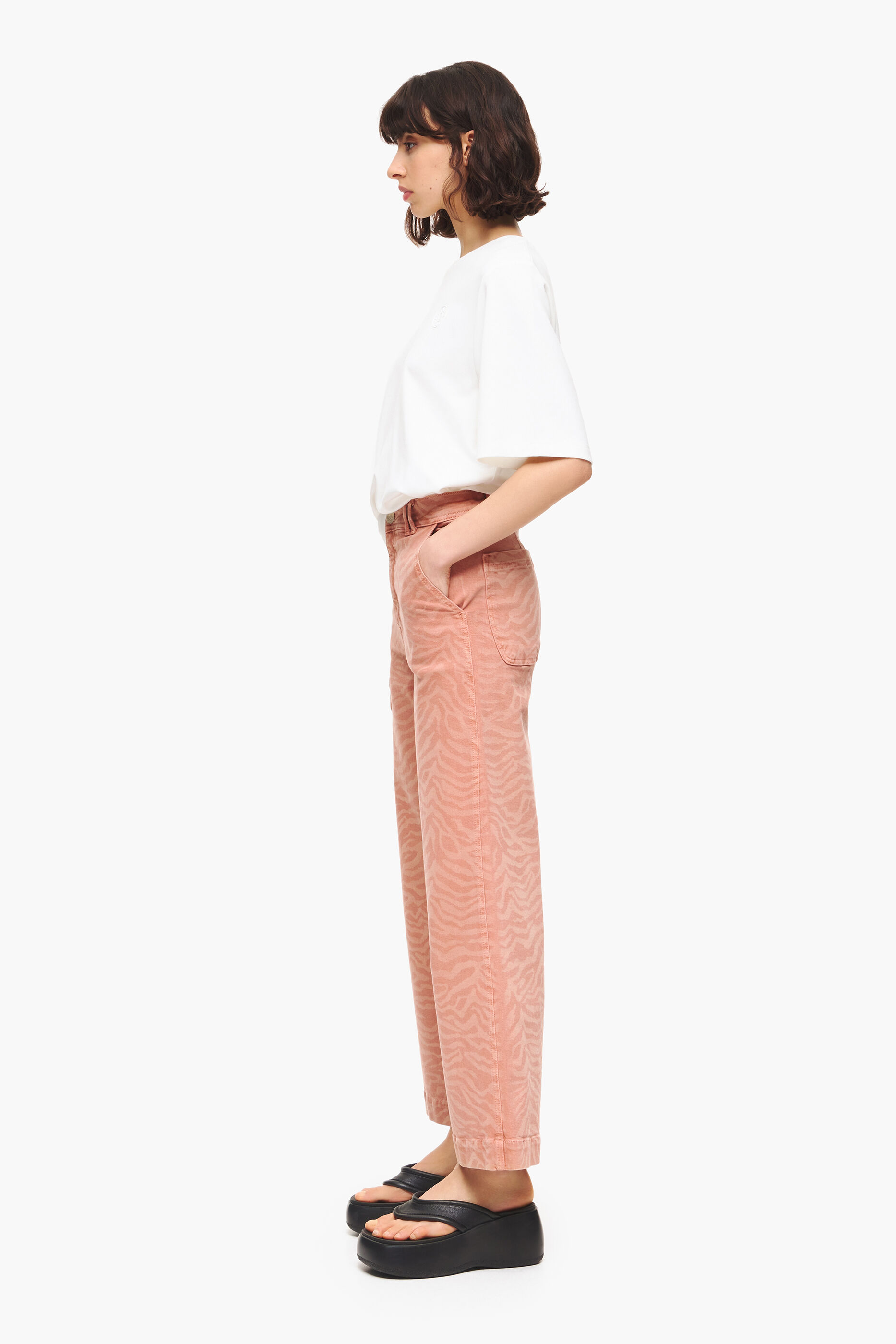 CULOTTE - Calça jeans de cintura alta com estampa de tigre cor damasco