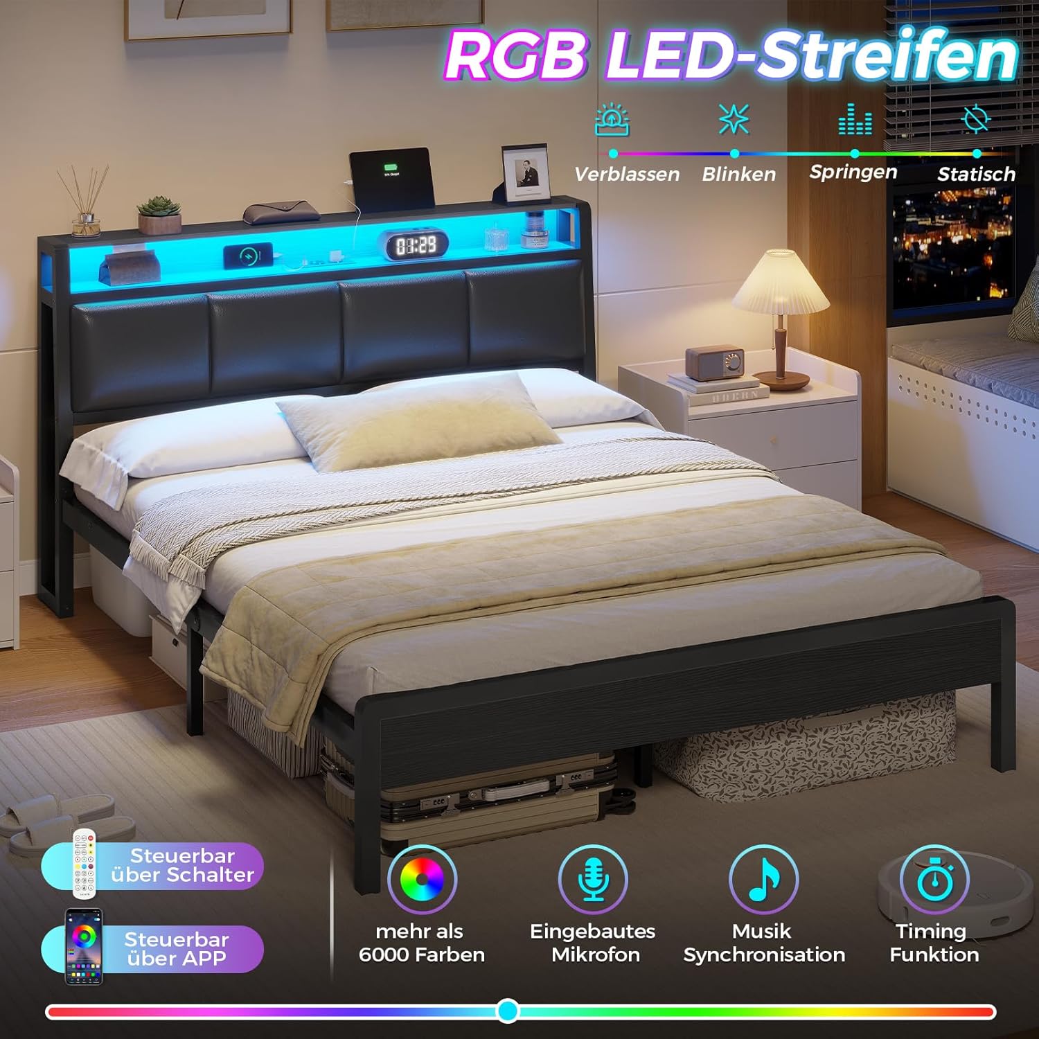 Bett 140 x 200, Bett mit LED-Beleuchtung, Polsterbett 140x200, Ladestation, Bettgestell mit Lattenrost, für Schlafzimmer, Gästezimmer, Schwarz