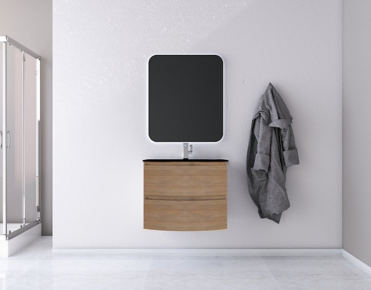 Ensemble salle de bains l.70 cm meuble sous vasque effet bois + plan vasque verre noir mat Vague