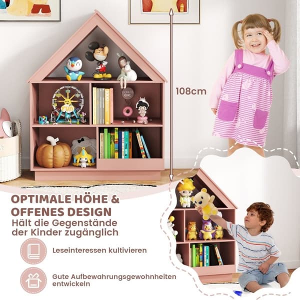 Barnehusformet bokhylle, barnehylle i tre med 5 rom, 88 x 34 x 108 cm, rosa