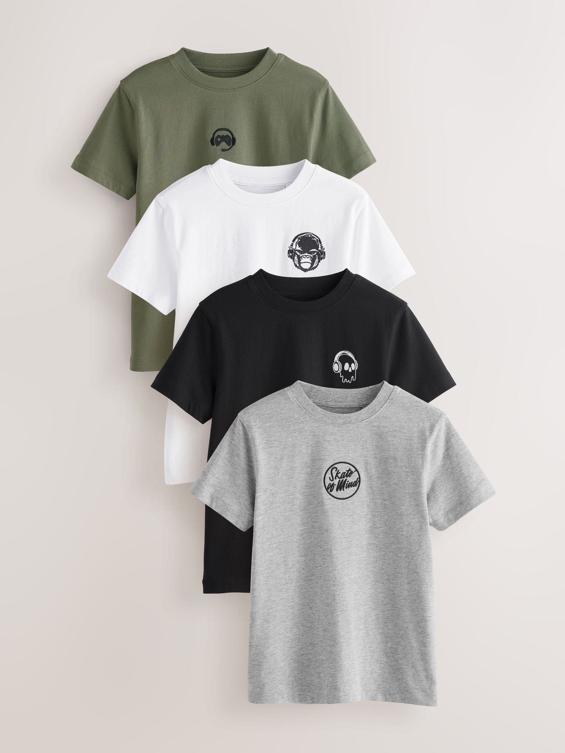 Zwart/wit/grijs gemêleerd/kaki - Verpakking van 4 T-shirts met kleine grafische print en korte mouwen (3 - 16 jr)