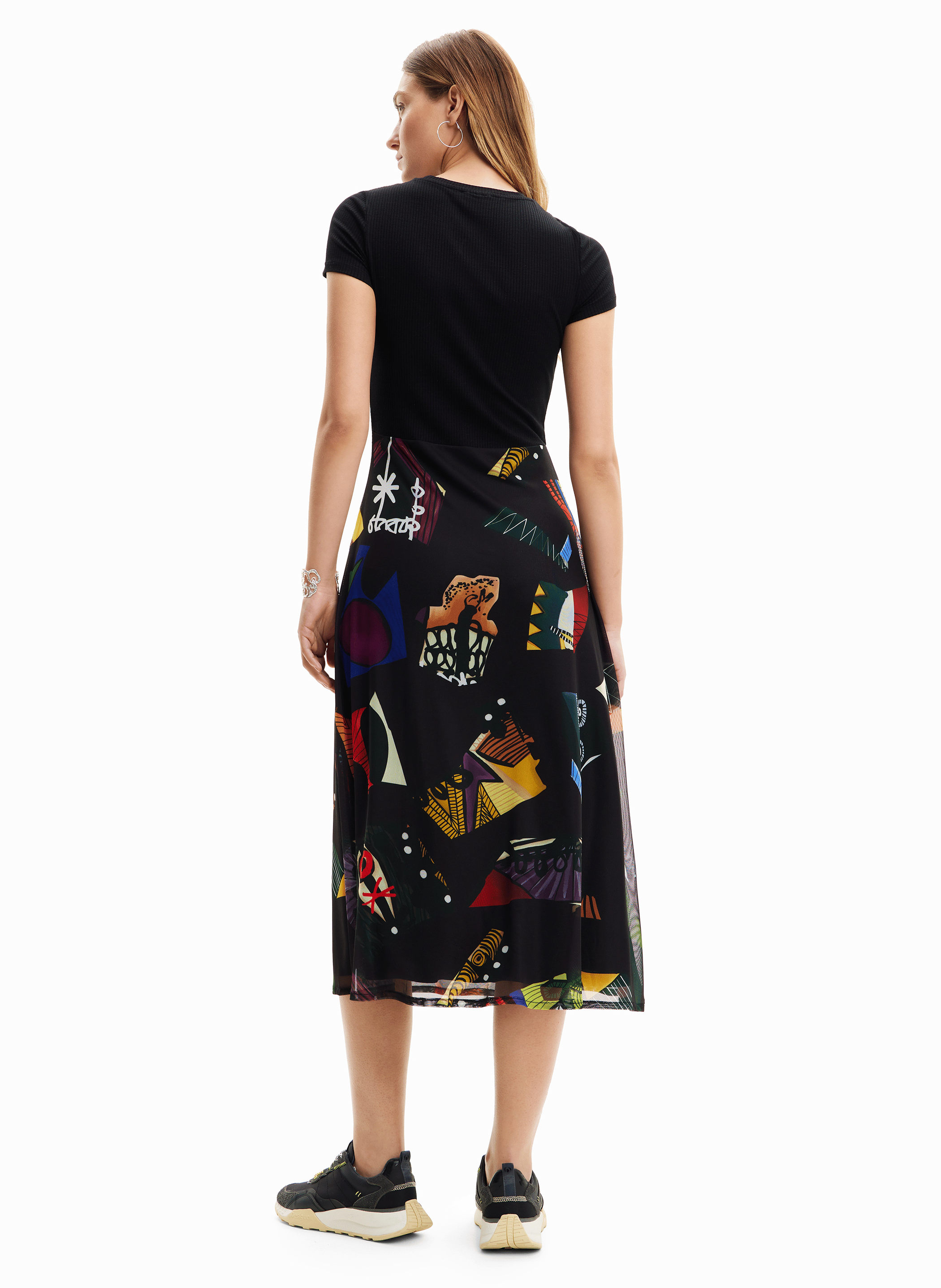 Robe midi col rond combinée | Noir