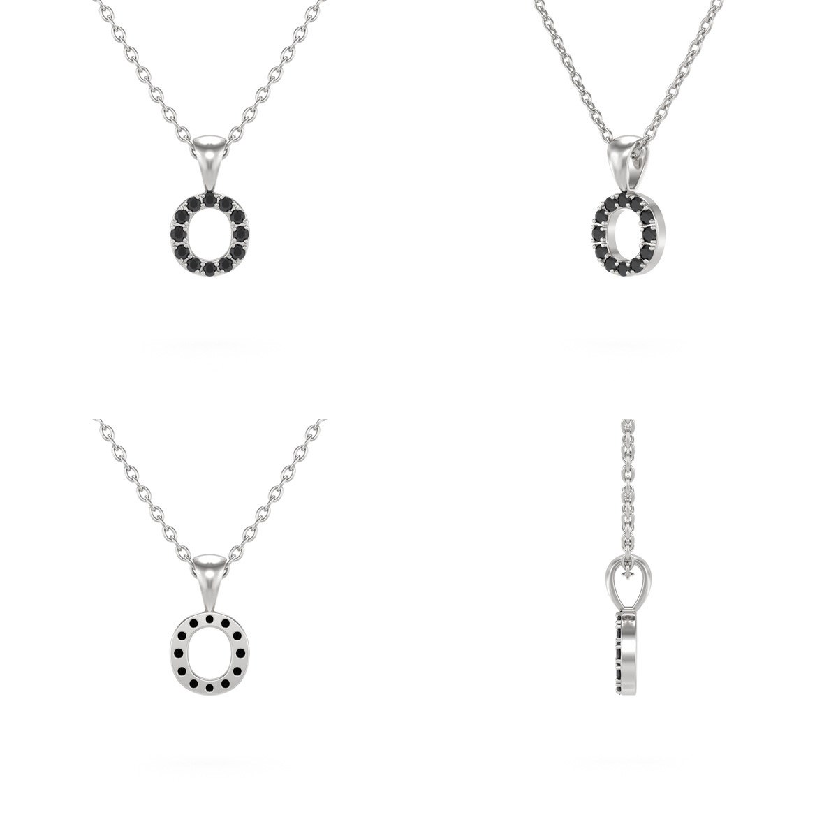 Collier Pendentif ADEN Lettre O Or 750 Blanc Diamant Noir Chaine Or 750 incluse 0.72grs