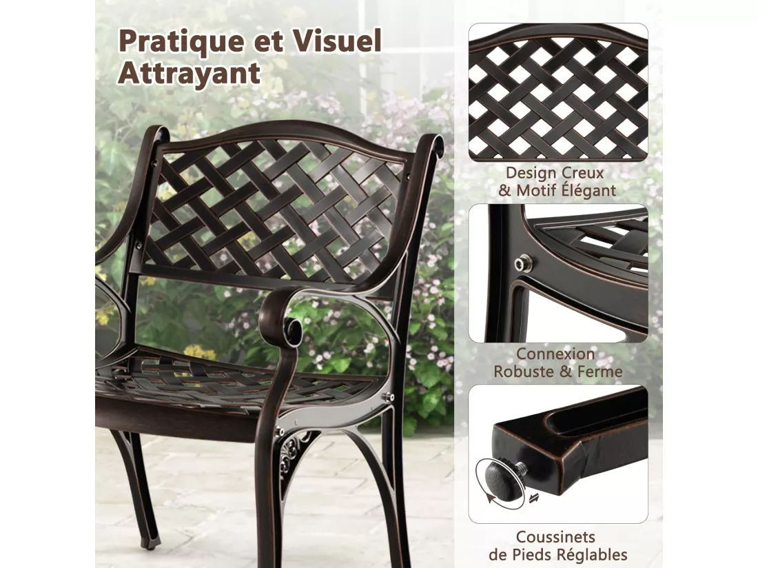 Lot de 2 Chaises de Jardin en Fonte d’Aluminium, Chaises de Salle à Manger d'Extérieur pour Toutes Saisons, Chaises de Bistro avec Coussinets Réglables, pour Terrasse, Balcon, Cour (Losange)