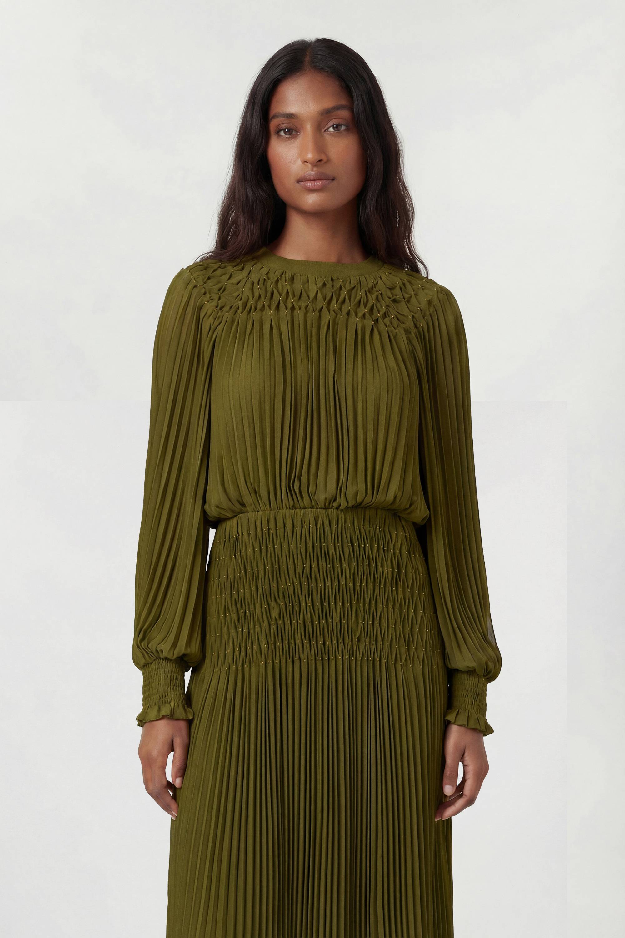 KarenMillen Robe Longue Plissée À Manches Ballon Et Détails De Perles
