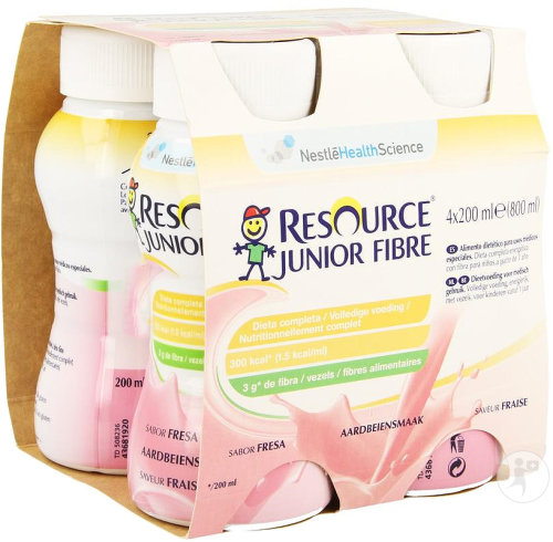Nestlé Health Science Resource Junior Fibre Aliment Hyperénergétique Saveur Fraise Bouteilles 4x200m