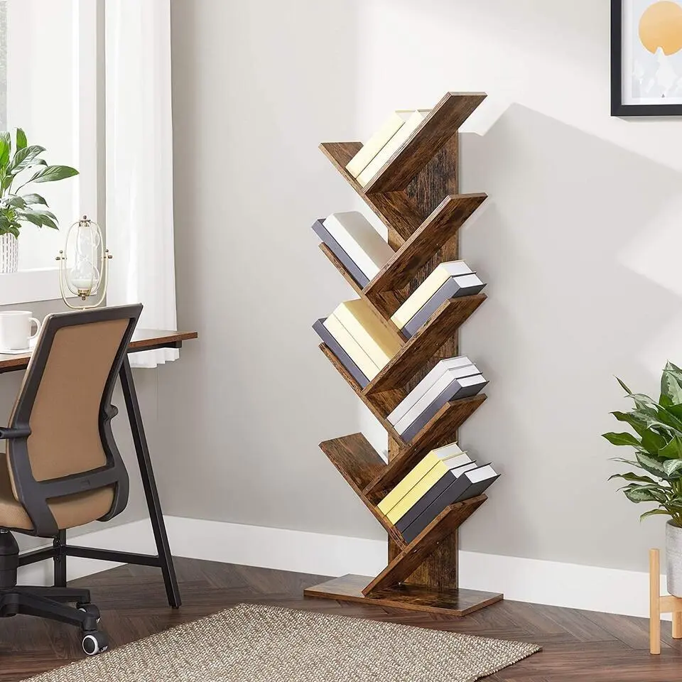 Parya Home - Houten Boekenkast - 8 niveaus - Vintage - Staande Plank - Bruin