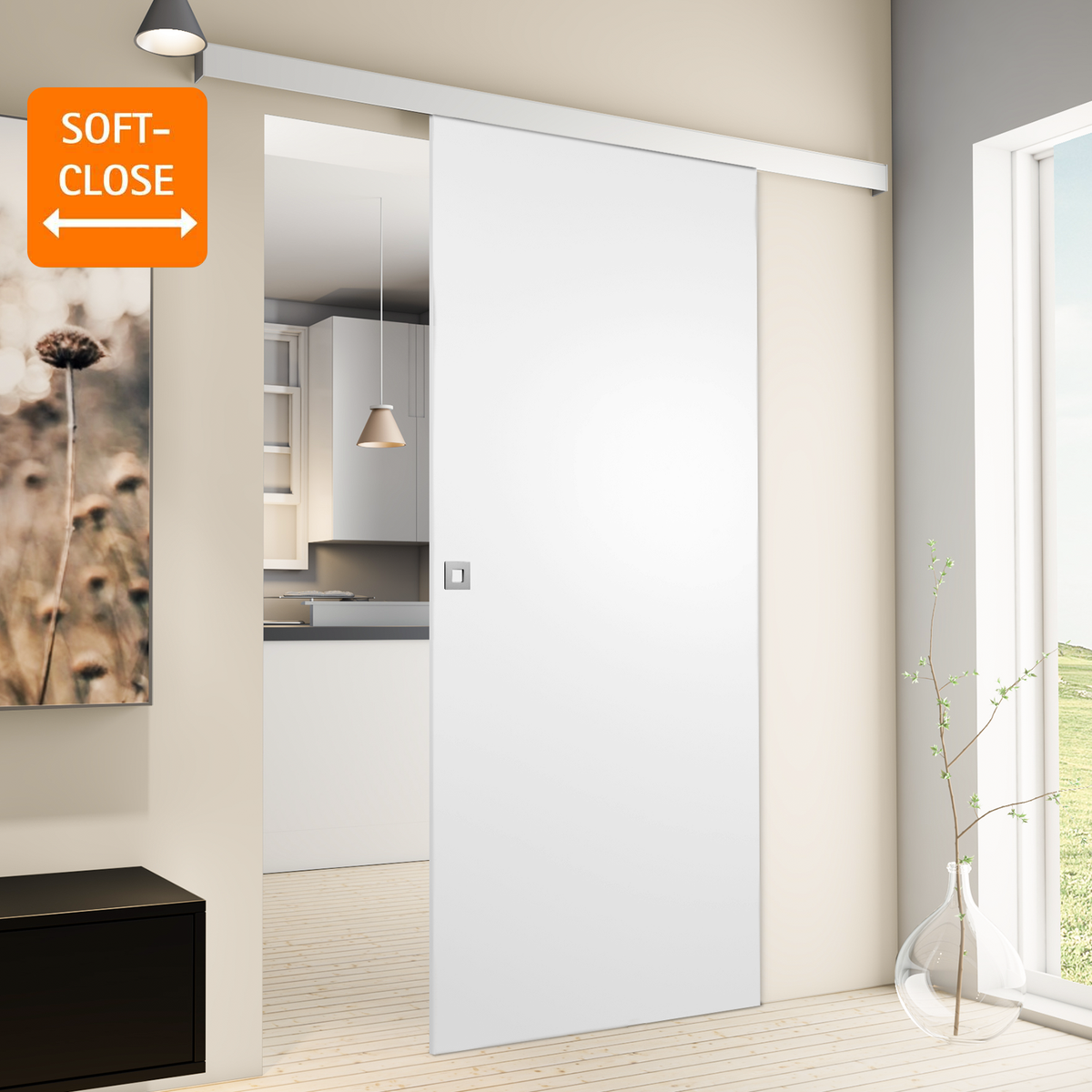 Houten schuifdeur, wit, 880x2035 mm, binnendeur, houten deur, schuifdeursysteem - vierkante greep + 2-zijdige softclose