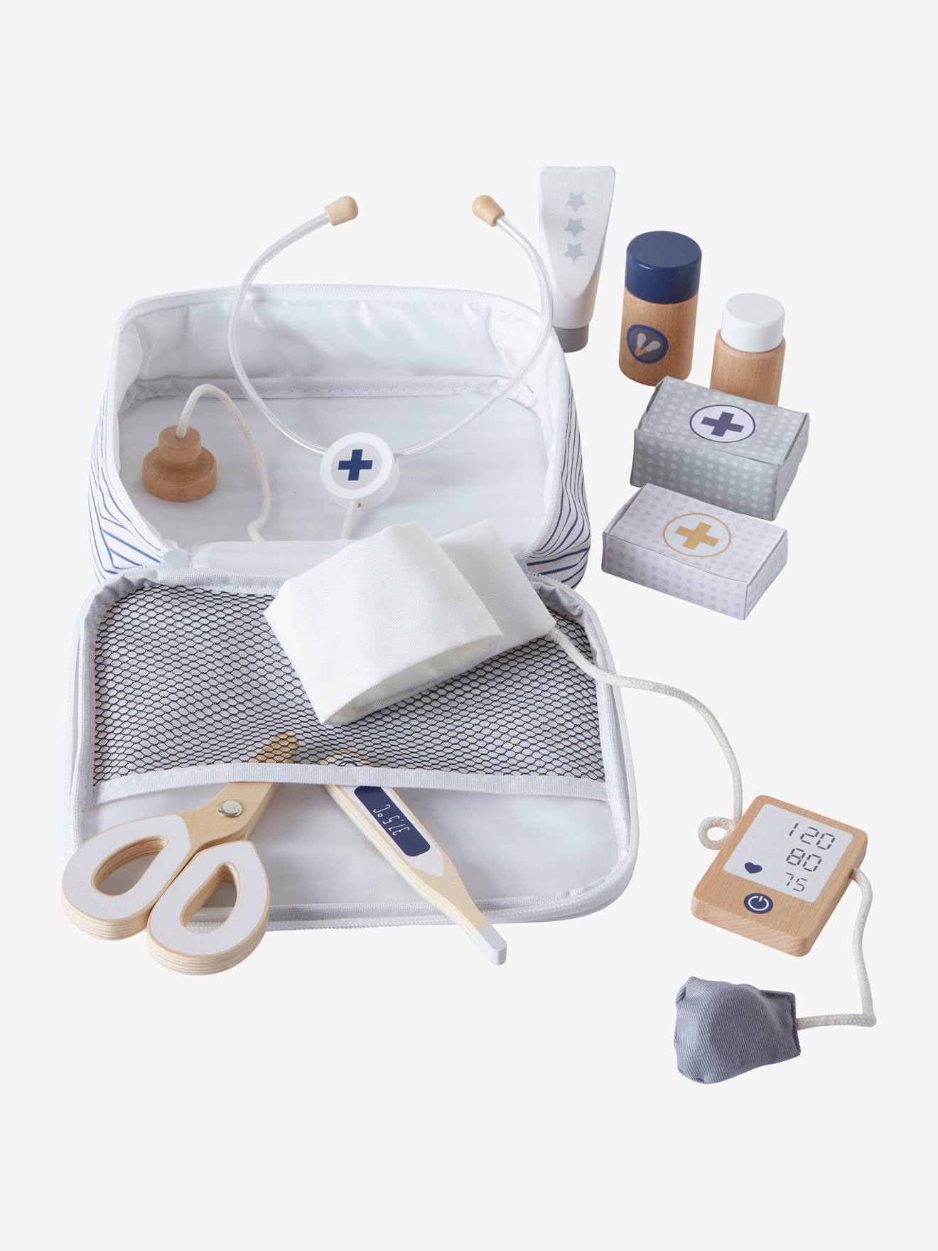 Conjunto de boneca médica de madeira branca