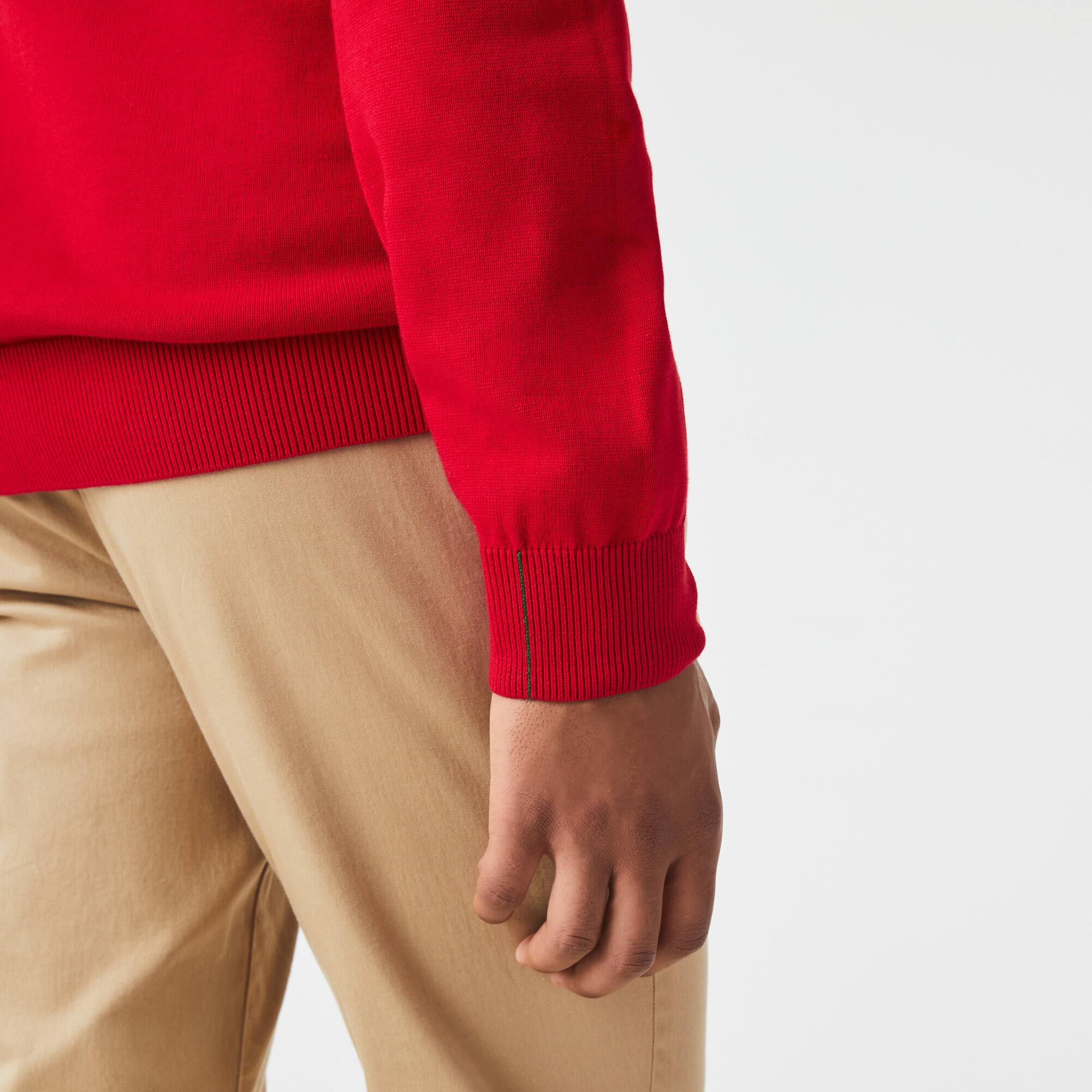 Pull à col V en coton biologique uni Pullovers - Rouge - Lacoste - Homme