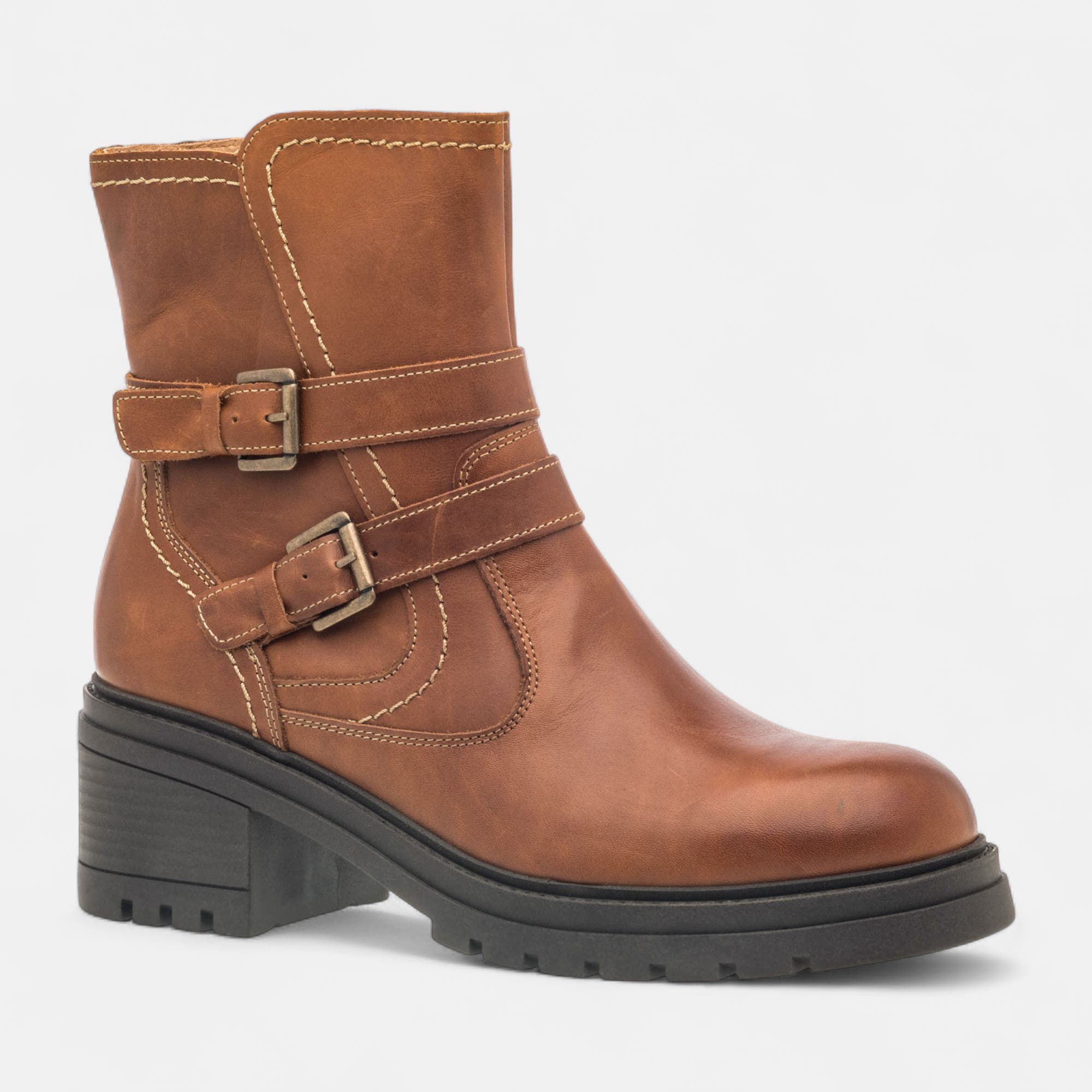 Boots à talon Femme en cuir cognac
