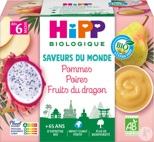 HiPP Biologique Saveurs Du Monde Pommes Poires Fruits Du Dragon Dès 6 Mois Coupelles 4x100g