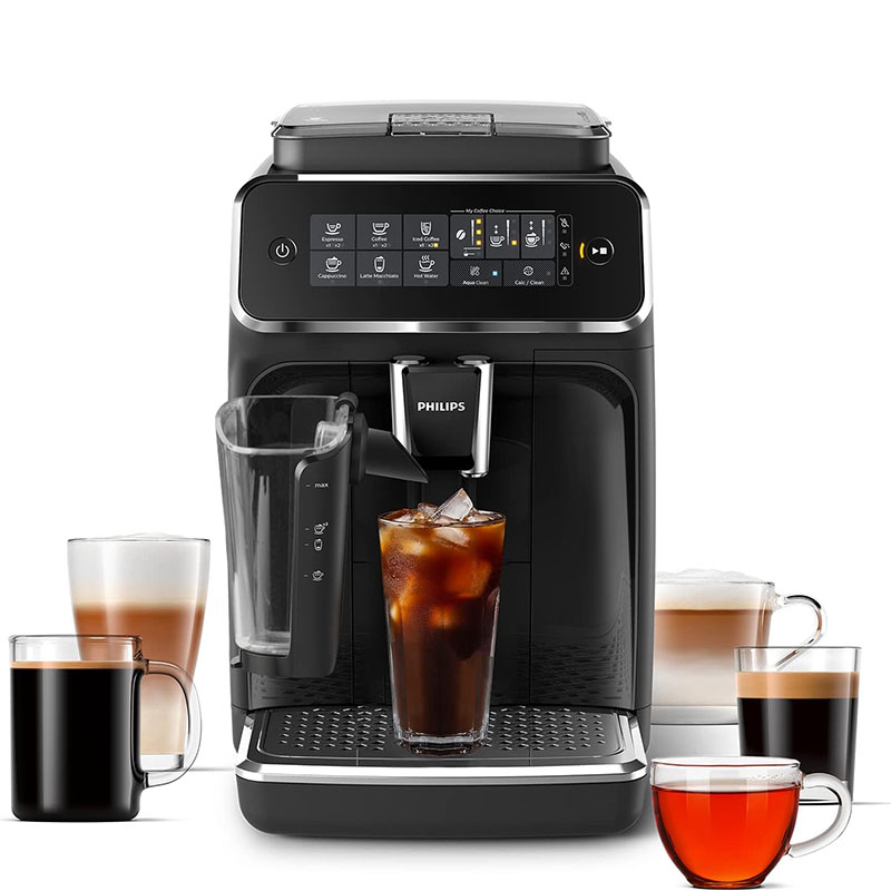 Máquina de café expresso totalmente automática Philips Série 3200 - Espumador de leite LatteGo e café gelado, 5 variedades de café, visor tátil intuitivo, preta (EP3241/74)
