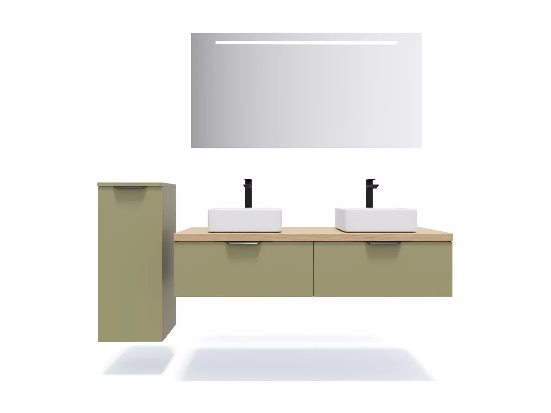 Meuble de salle de bain suspendu 2 vasques à poser 140cm 2 tiroirs Vert olive - Soho