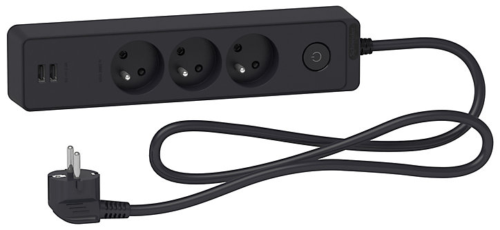 Multiprise 3 prises + 2 usb Schneider Electric Odace anthracite 1.5 m