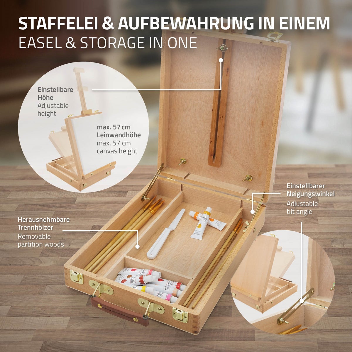 ECD Germany 34-delige acrylverfset met ezel, acrylverfset met koffer-ezel, 24 acrylverven, gespannen canvas, penselen en schilderaccessoires, tafel-ezel, houten schilderkoffer, voor kunstenaars en beginners