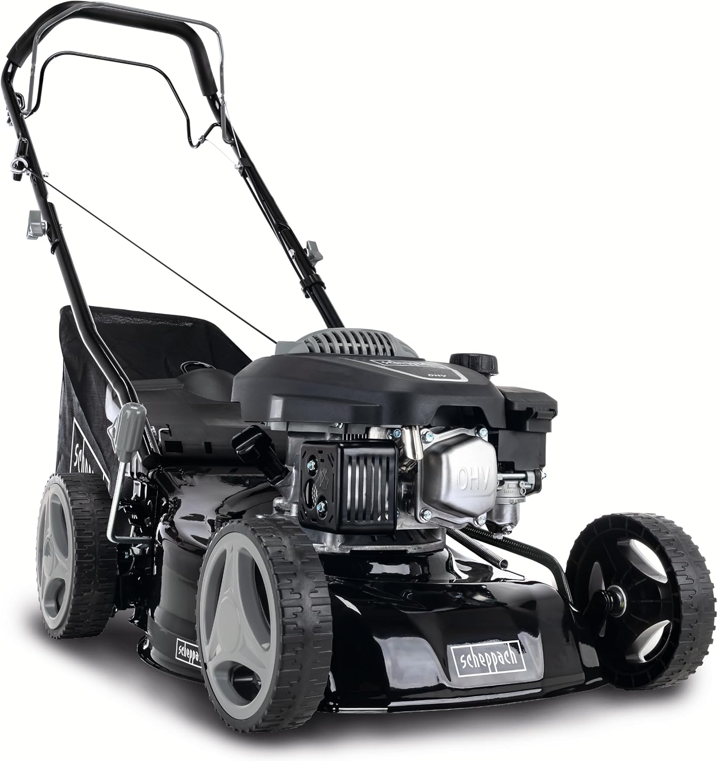Scheppach MS132-42B Benzin Rasenmäher Black Edition mit Antrieb | für Rasenflächen bis 800m² | Schnittbreite 42cm | Leistung 3,3PS | Schnitthöhenverstellung in 7 Stufen (25-75mm) | Fangbox 45L