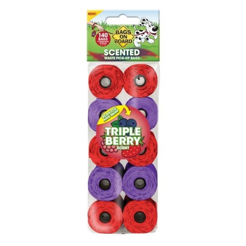 Pacote com 140 sacos para recolher excrementos com aroma de frutos vermelhos.