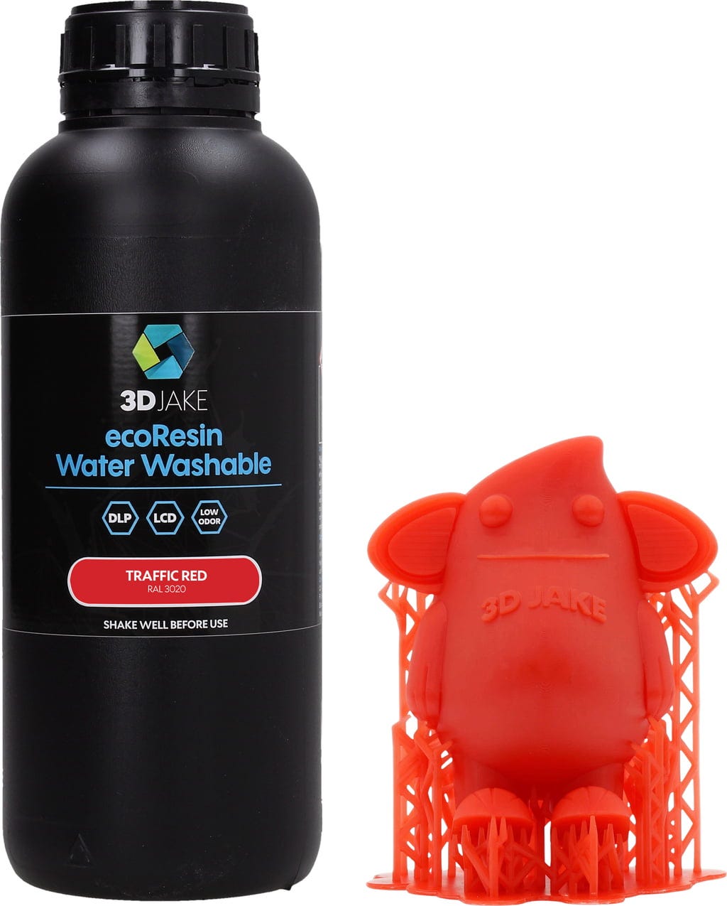 3DJAKE  ecoResin Water Washable Verkehrsrot, 1.000 g    Hochwertiges, wasserwaschbares Resin für effizienten 3D-Druck in Verkehrsrot