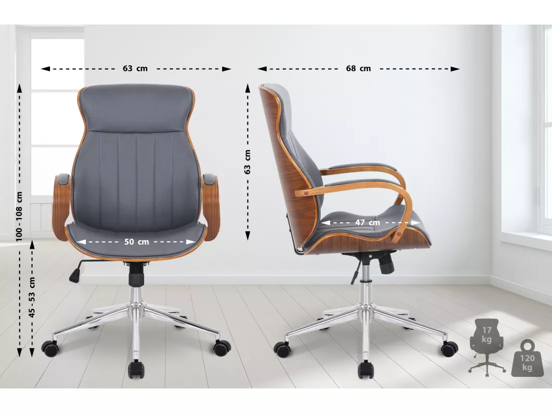 Chaise de bureau - Similicuir & Métal chromé - Noyer / Gris - Melilla