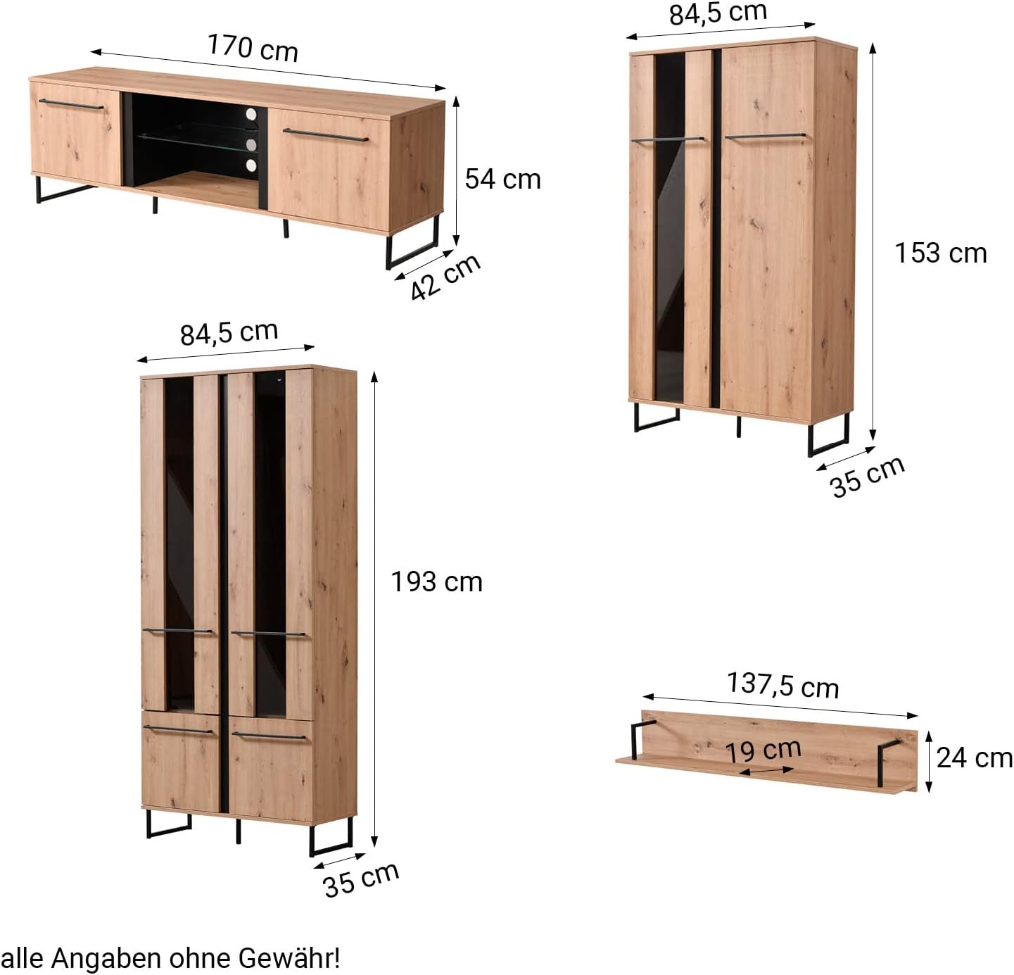 Homestyle4u 2213 Wohnwand 4-teilig Komplett-Set Schrankwand Holz Eiche Wohnzimmer Anbauwand Modern Industrial Style