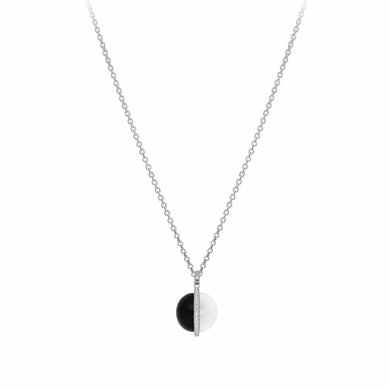 Collier Argent Sphère Noire Et Blanche Sertie
