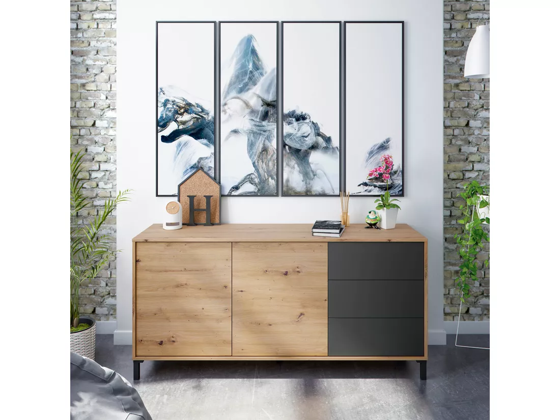 Buffet meuble de rangement en mélamine coloris Chêne gris anthracite - Hauteur 74 x Longueur 154 x Profondeur 41 cm