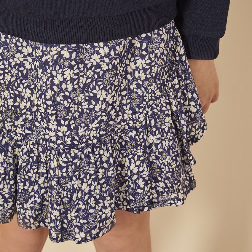 Jupe trapèze avec volant imprimé floral pour fille - Bleu marine