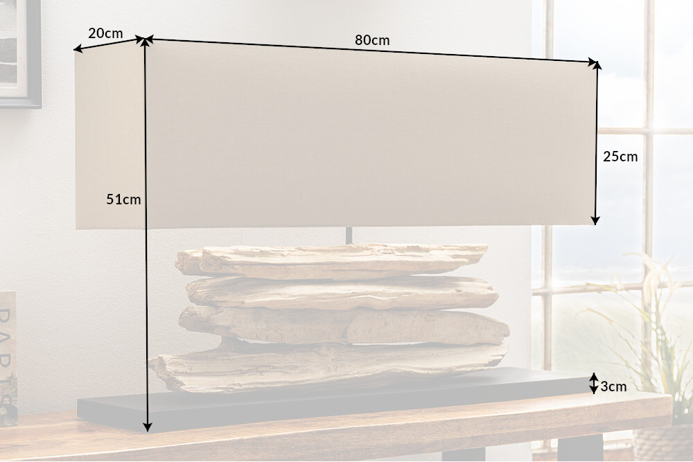 Handgearbeitete Tischlampe RIVERINE 80cm beige Treibholzfuß mit Leinenschirm