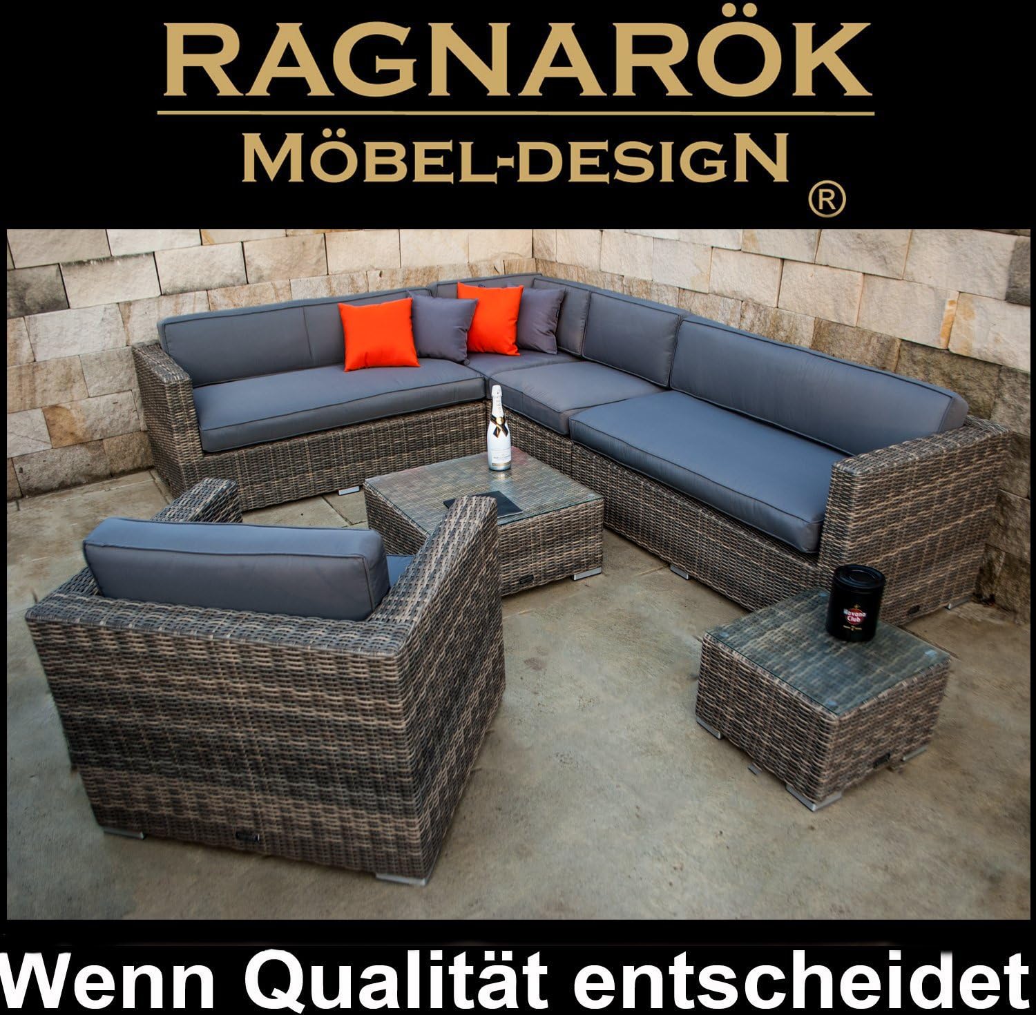 Ragnarök-Möbeldesign PolyRattan Lounge - Deutscher Hersteller - 8 Jahre GARANTIE - Gartenmöbel Sitzgruppe Tisch Aluminium Rostfrei auch Seitenverkehrt stellbar Sessel Rattan Natur Polster Grau