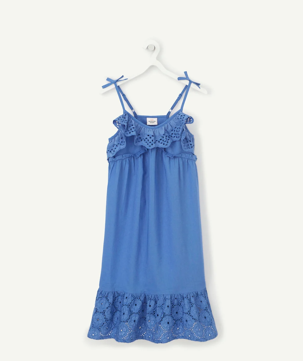 ROBE MI-LONGUE FILLE BLEUE AVEC VOLANTS ET BRODERIE ANGLAISE