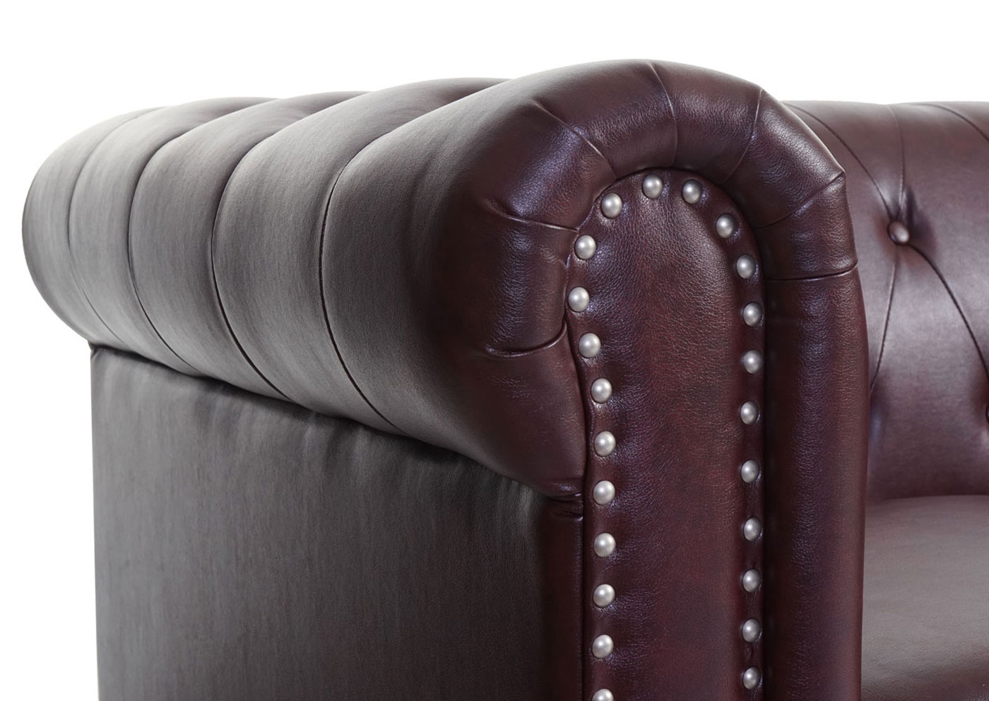 Luxus Sessel Loungesessel Relaxsessel Chesterfield Kunstleder ~ runde Füße, rot-braun mit Ottomane