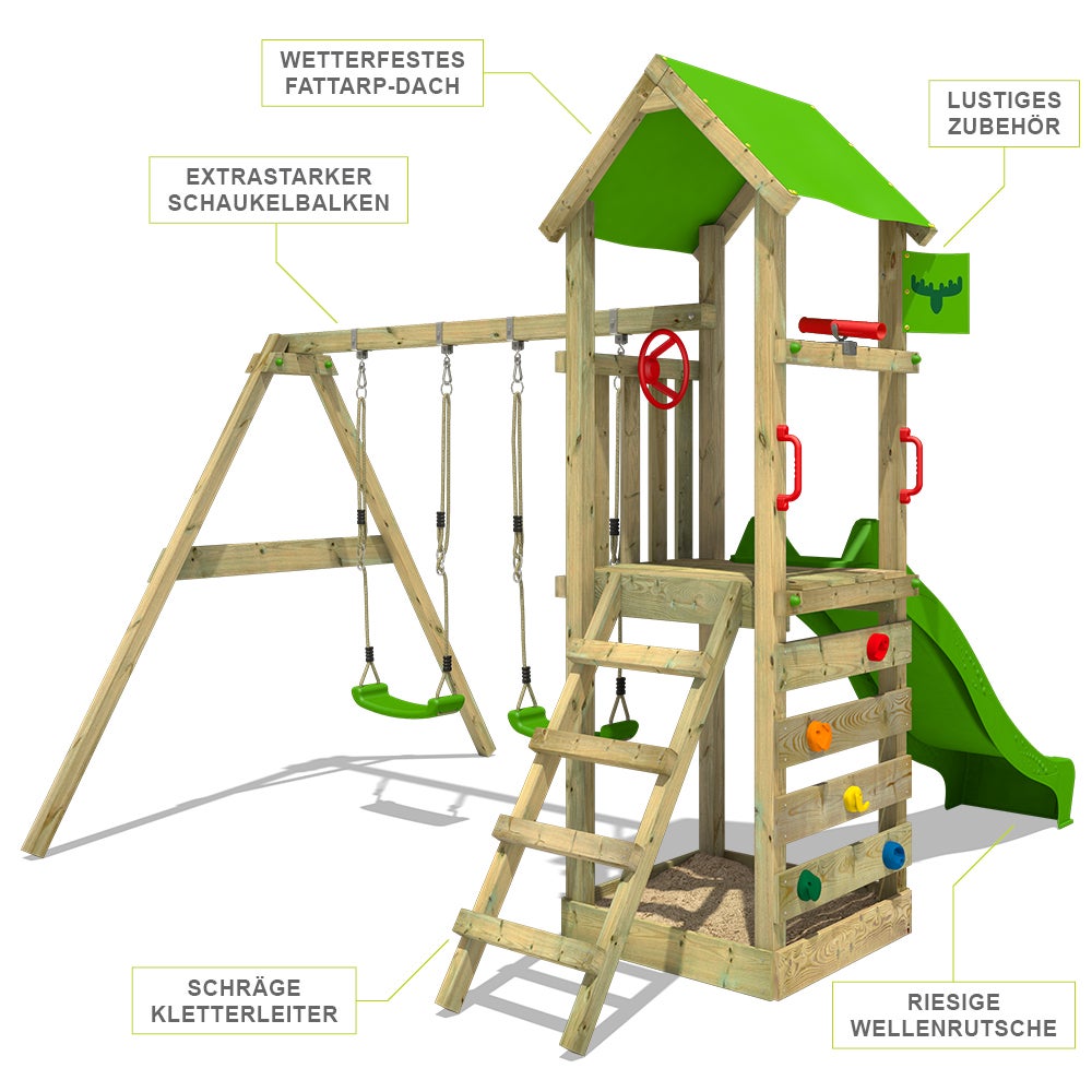 FATMOOSE KiwiKey speeltoren met schommel en groene glijbaan, zandbak, ladder en speelaccessoires