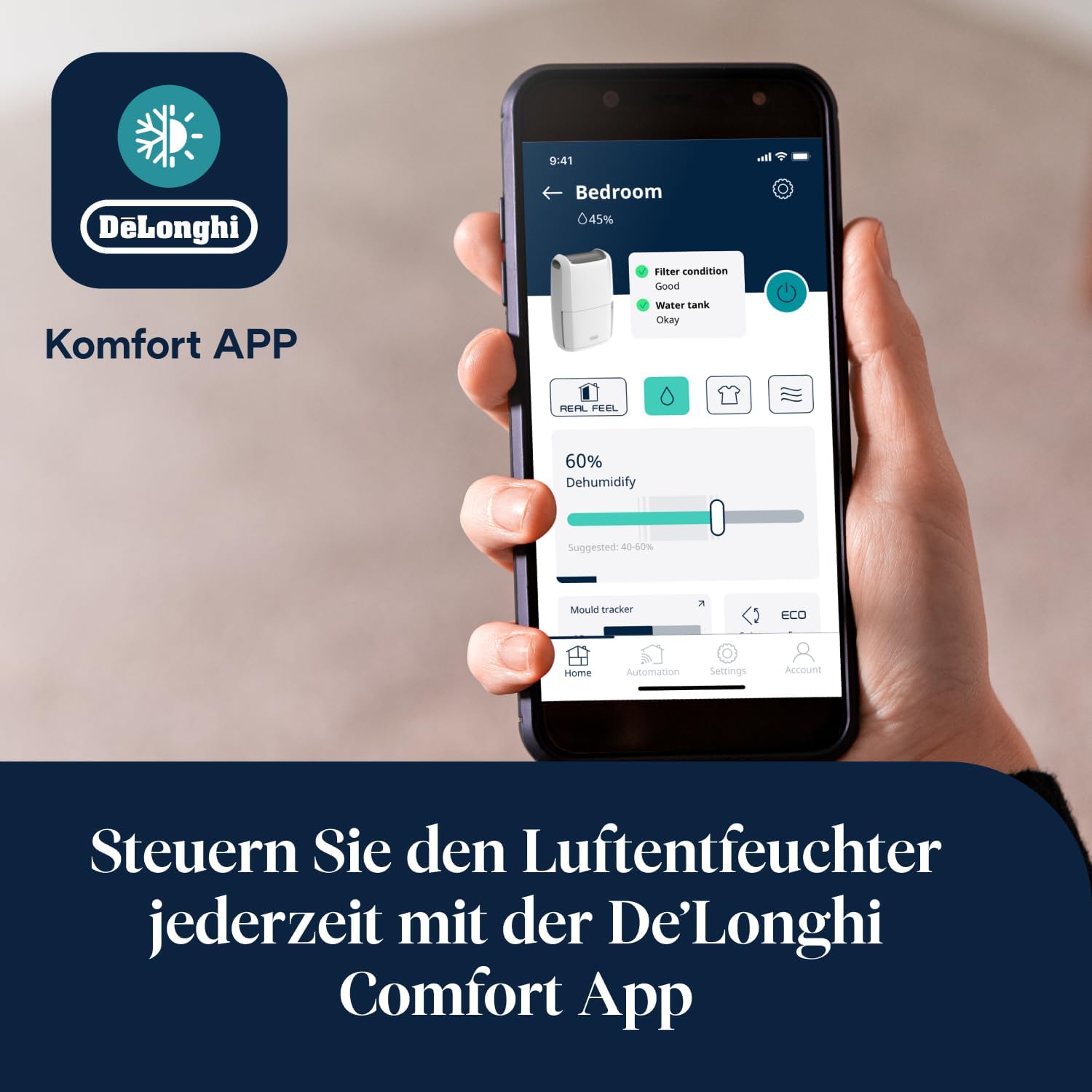 De'Longhi Tasciugo AriaDry Multi - Tragbarer Luftentfeuchter-Luftreiniger, 21L/Tag Feuchtigkeitsentzug, Wäschetrockner, Anti-Schimmel, Wi-Fi und Alexa, LCD-Display, Grau (DDSX220WFA)