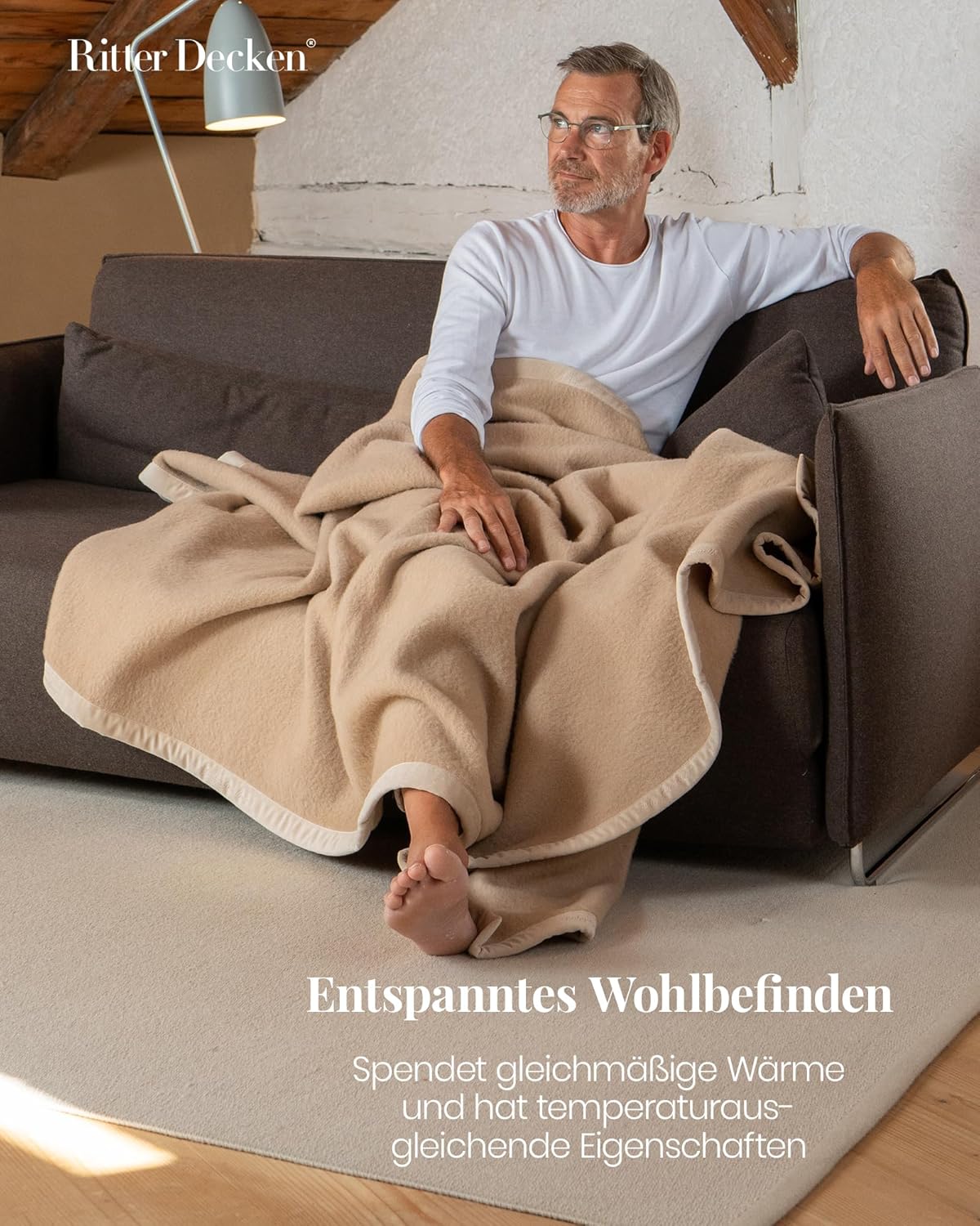 Ritter Decken® Maharani Kamelhaar-Decke 150x220cm | 100% Reines Kamelhaar | Naturbelassen | Temperatuausgleichend | Ideale Tagesdecke | Cremefarben