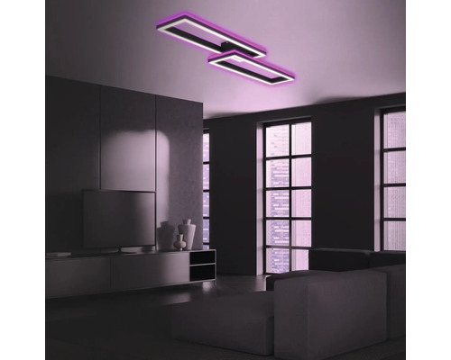 Dimbare LED-plafondlamp, 2 x 21 W, 2500 lm, 2700 K-6500 K CCT RGB, 10 x 119,5 x 27,5 cm, zwart, met nachtlampfunctie, geheugenfunctie en afstandsbediening.