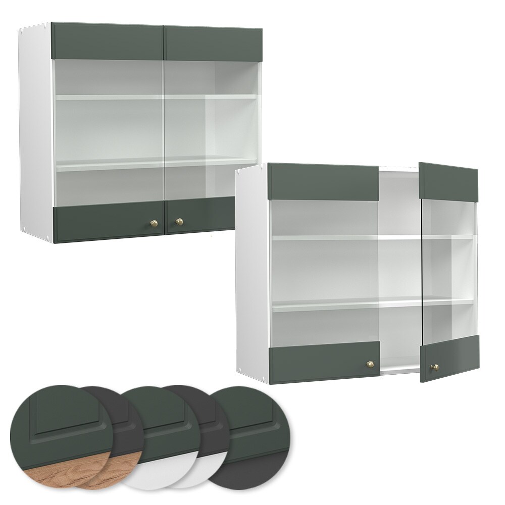 Vicco Hängeglasschrank Küchenschrank Küchenmöbel Fame-Line Weiß Grün-Gold Landhaus 80 cm Küche Einbauküche Hängeschrank Glasschrank Drehtür Einlegeboden Küchenzeile