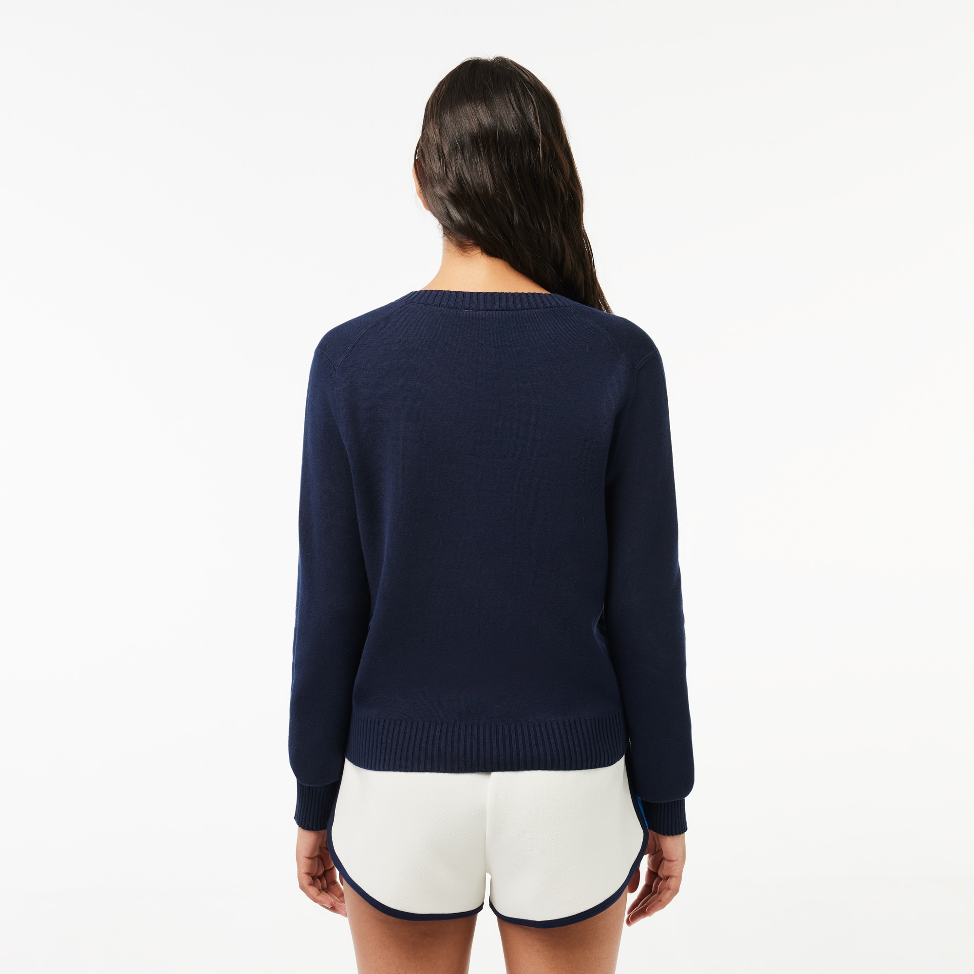 Pull col V en double face de coton Pullovers - Bleu - Lacoste - Femme