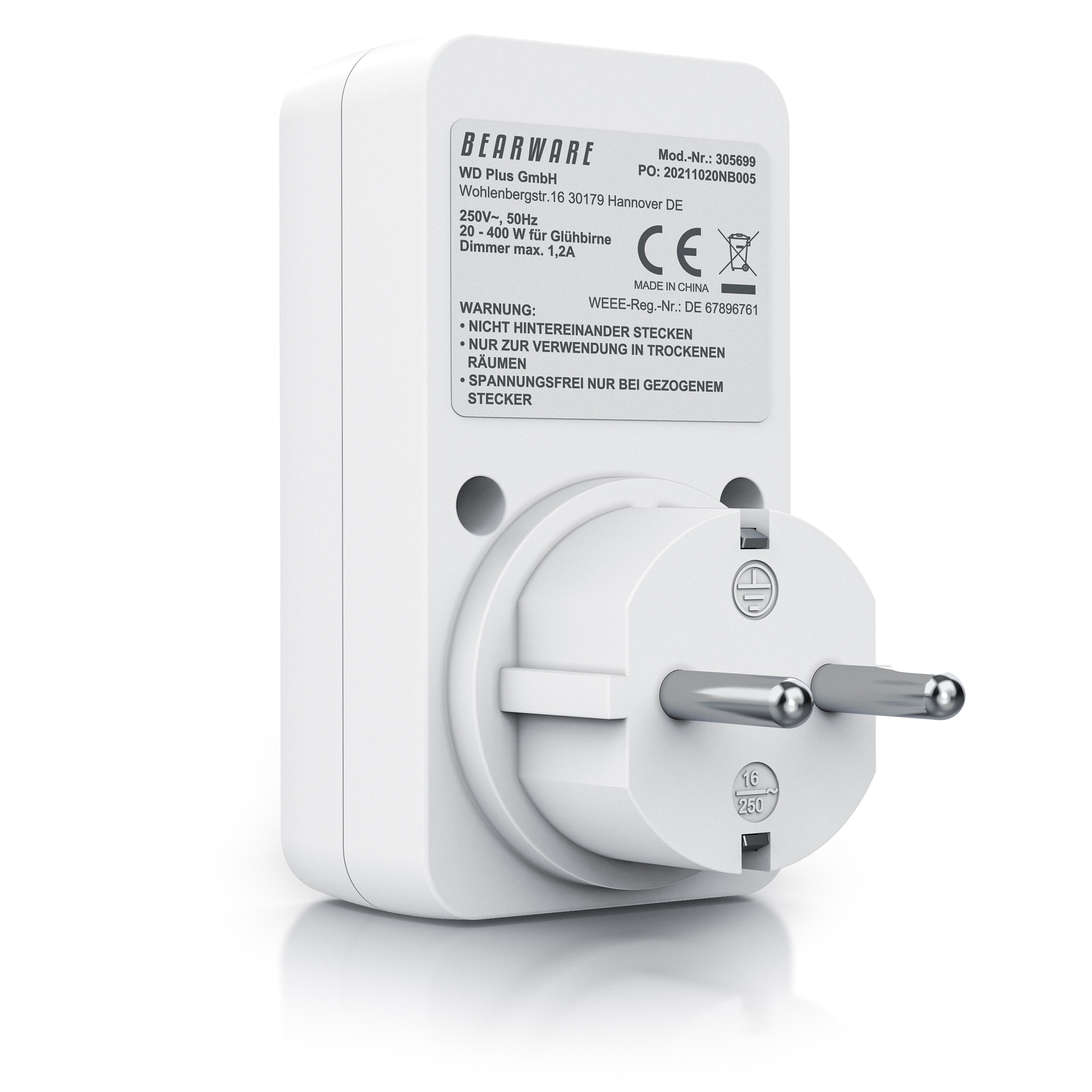 BEARWARE Steckdosendimmer mit Drehregler - von 20 bis 400 Watt - Universal Dimmer für die Steckdose - nur für Glühlampen - Helligkeitsregler