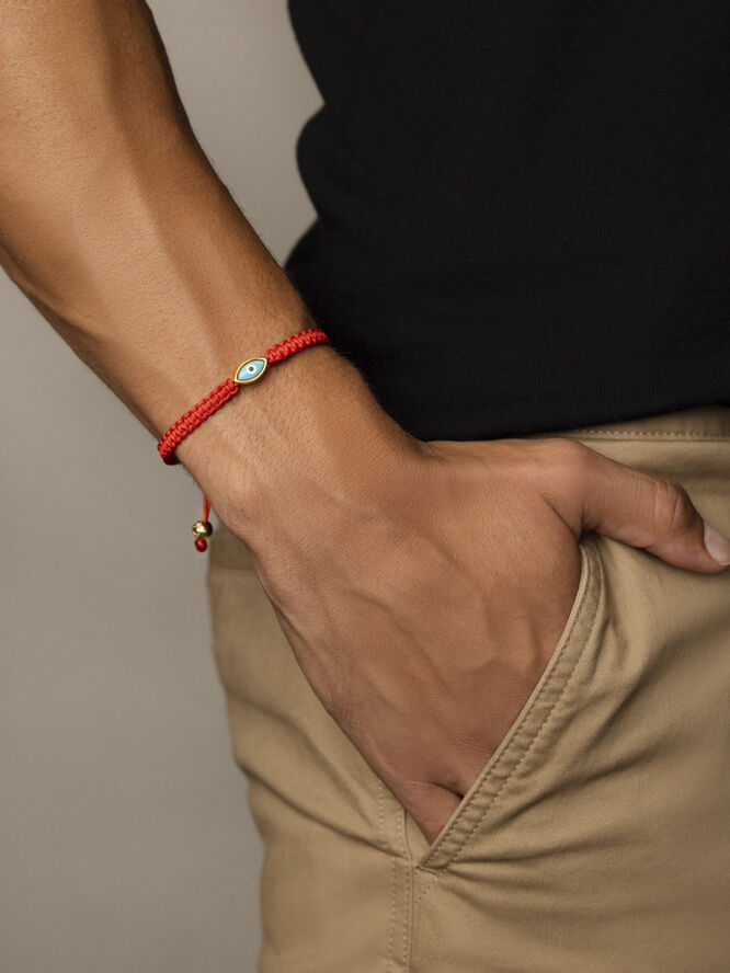Nialaya Men's Red String Bracelet with Gold Plated Evil Eye Red