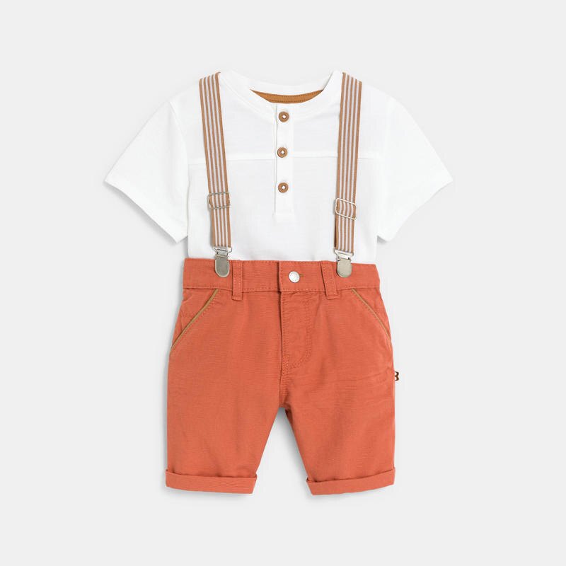Bermuda terracotta à bretelles et t-shirt tunisien blanc bébé garçon Orange