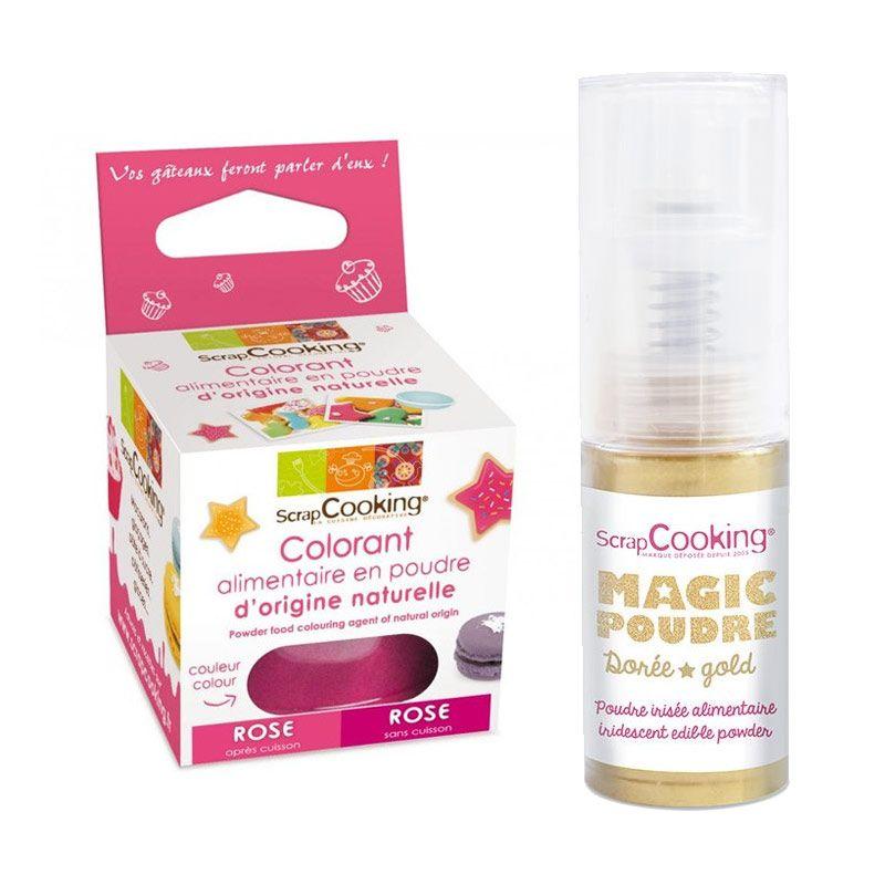 Colorant alimentaire Rose foncé + Poudre alimentaire irisée dorée Scra