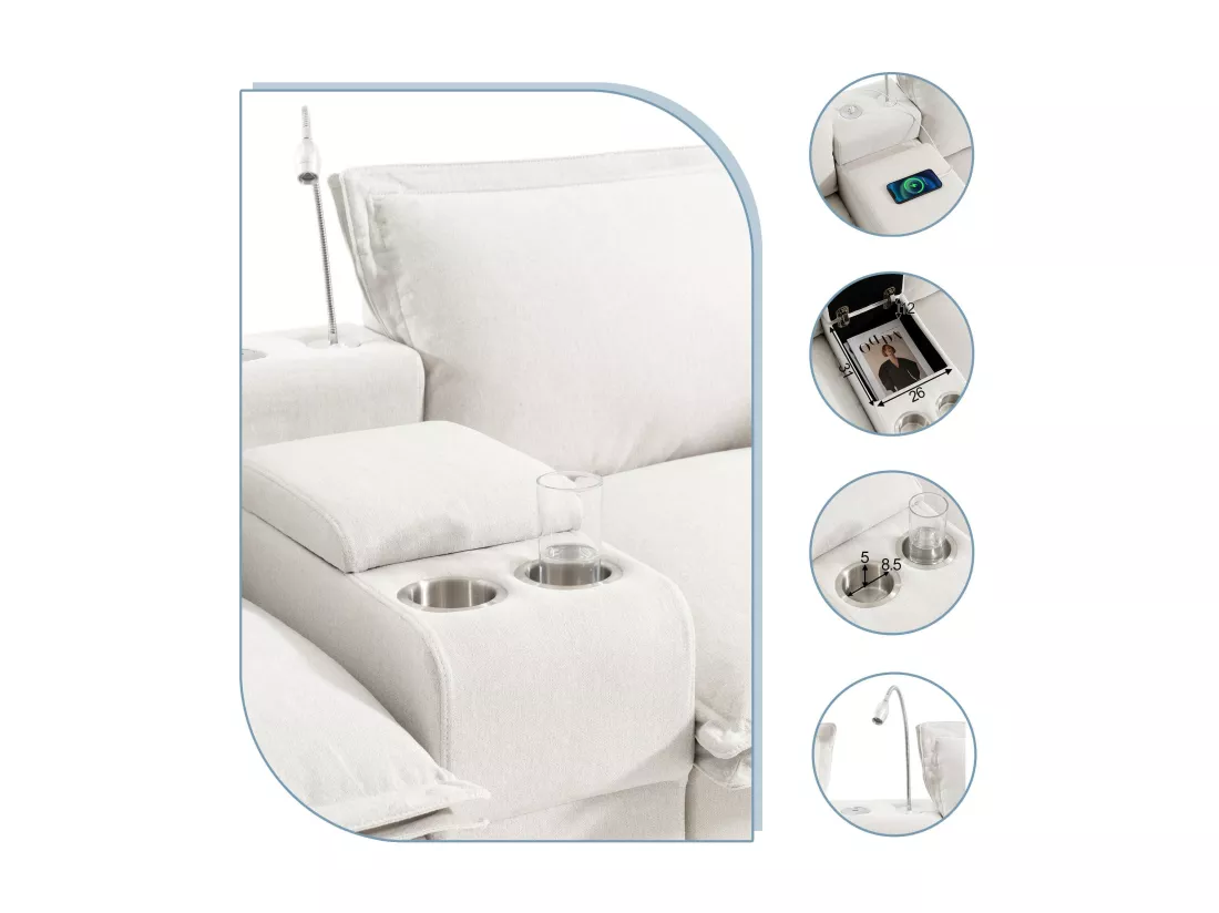 Canapé 3 places en chenille - avec USB et liseuse - avec porte-gobelet et avec repose-pieds - Beige