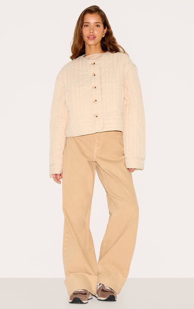 Gris Pierre Veste Matelassée Col Rond Boutonnée