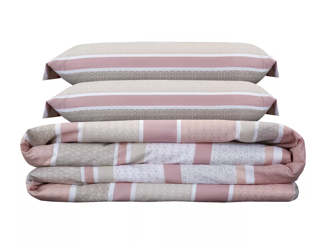Jeu de housse de couette 50% coton imprimé rayures Saumon