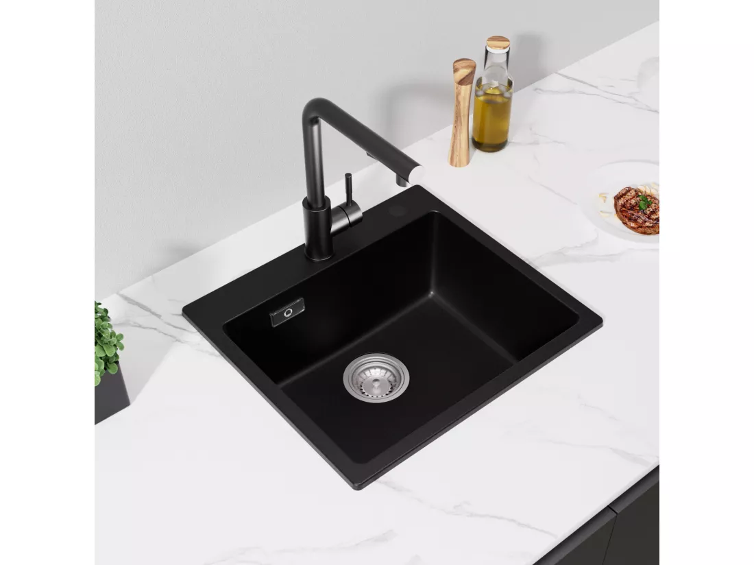 CECIPA MAX Evier Quartz Noir 50x45cm Evier 1 Bac en Quartz et Résine + Flexible Mitigeur de Cuisine, 2 Types de Jets Robinet Extractible Noir