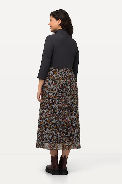 Midikleid, A-Linie, Rippjersey, Mesh, Stehkragen, 3/4-Arm