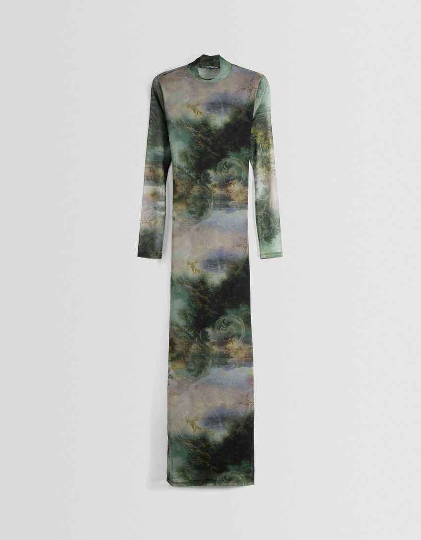 Vestido longo estampado com mangas compridas