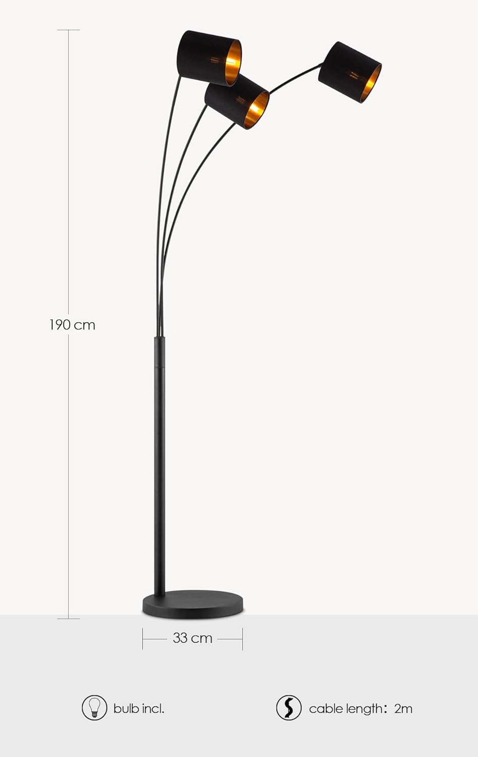 Home Sweet Home moderne Bogenlampe | Schwarz-goldene Stehlampe mit Schirm | Höhe 190 cm | Mit 3xE27 9W 2700K LED-Glühbirne | Industrielle Wohnzimmer-Stehlampe
